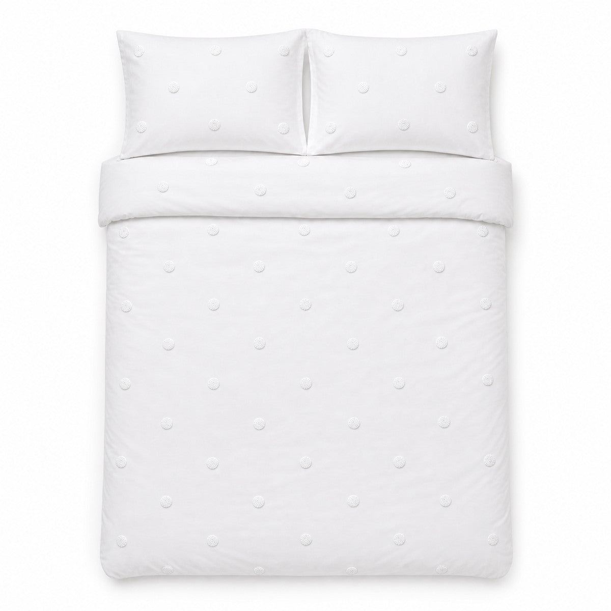 Overhead flat lay of the Dot Garden Cotton Duvet Cover Set in white with two matching pillowcases