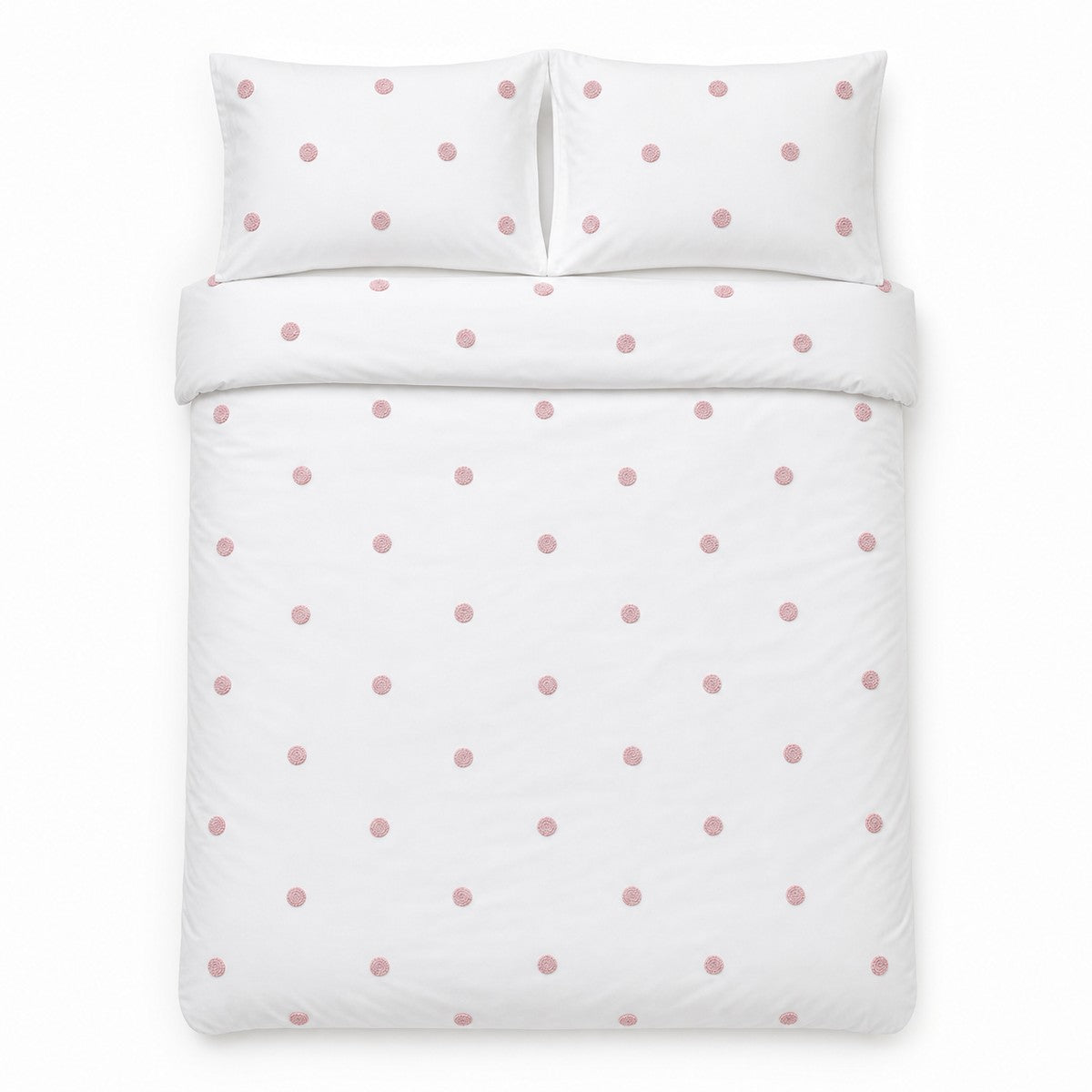 Overhead flat lay of the Dot Garden Cotton Duvet Cover Set in white + pink with two matching pillowcases