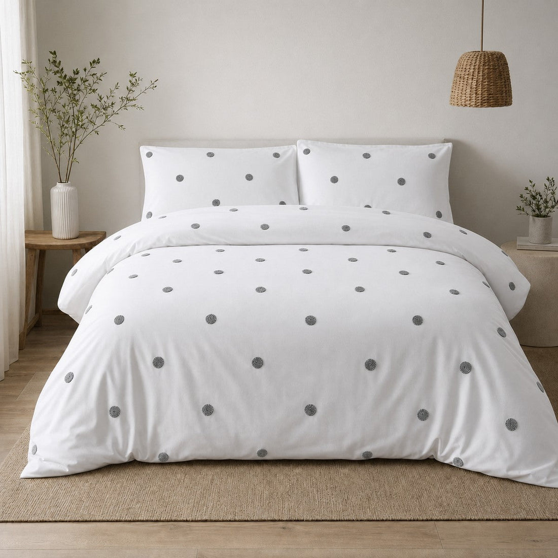 Dot Garden White + Slate 100% Cotton Duvet Cover Bedding Set