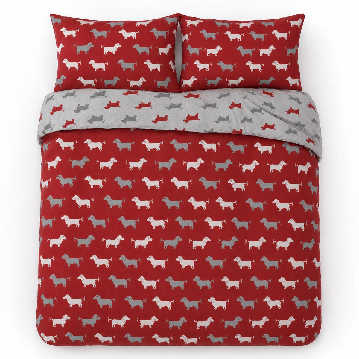 Overhead flat lay of the Dudley Love Brushed Cotton Flannelette Duvet Cover Set in red with two matching pillowcases