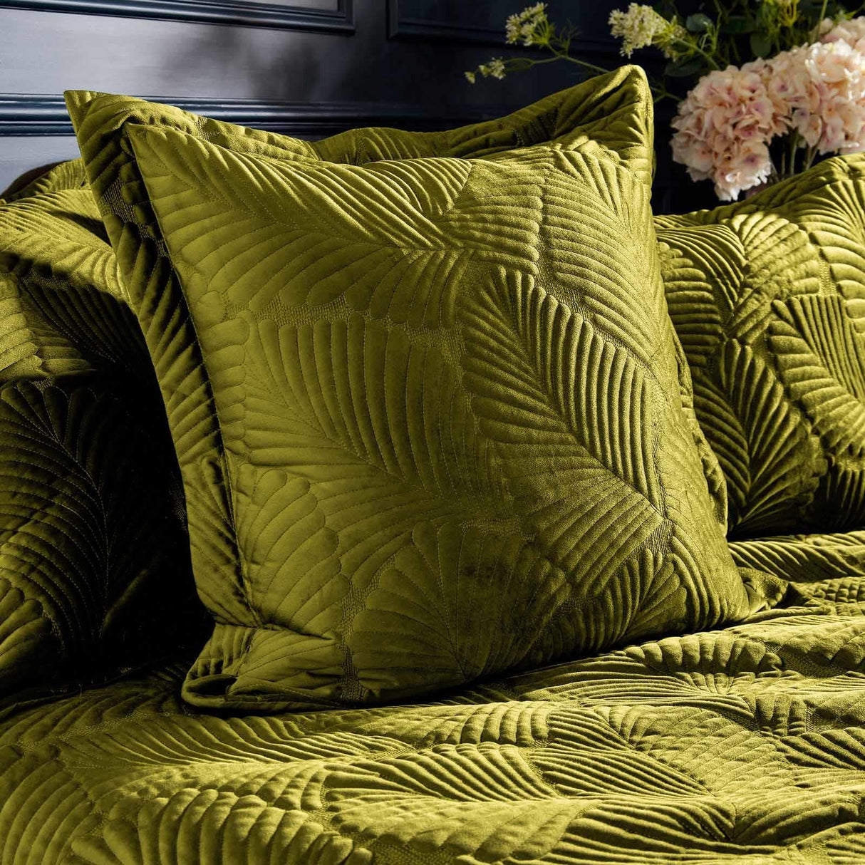 Palmeria Quilted Velvet Cushion Cover 24" x 24" (60cm x 60cm) - Moss