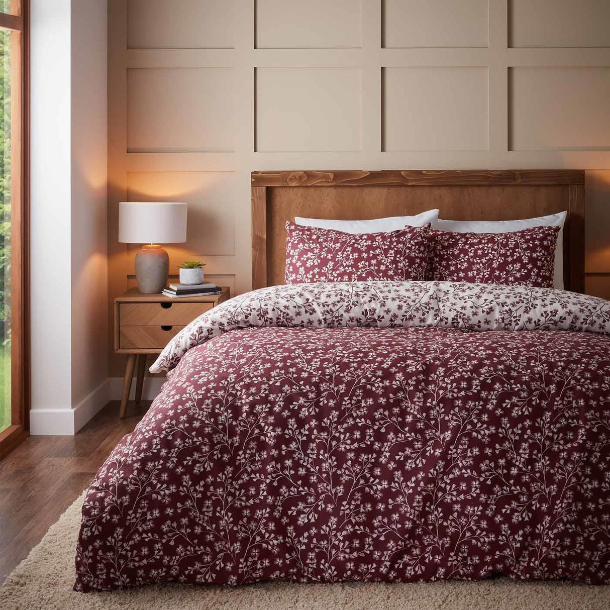 Catherine Lansfield Grace Floral Leaf Brushed Cotton Flannelette Duvet Cover Set - Red