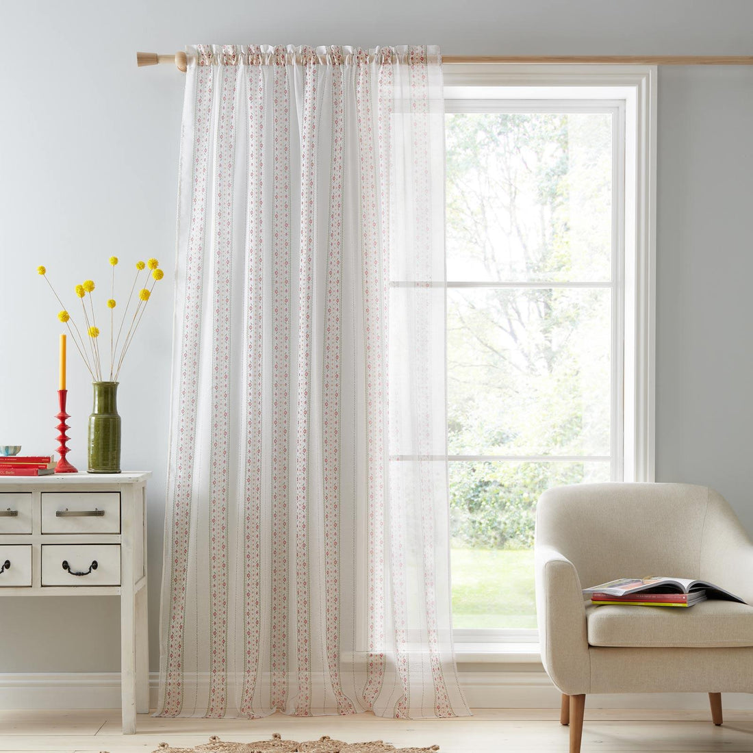 Catherine Lansfield Floral Stripe Voile Curtains Panel