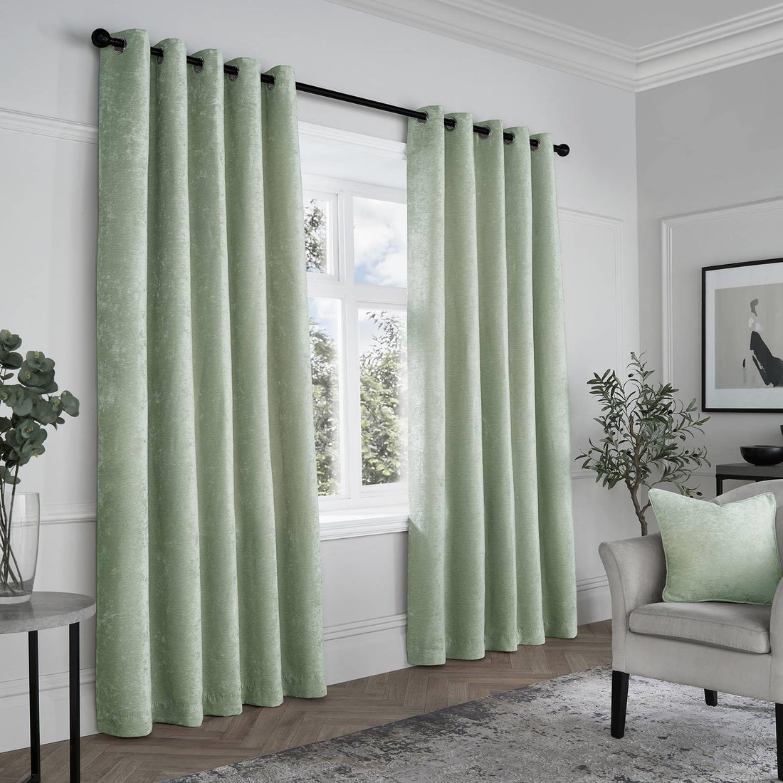 Textured Green Chenille Thermal Blackout Eyelet Curtains