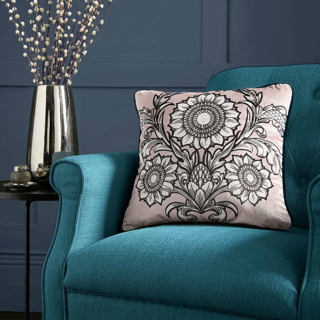 Laurence Llewelyn-Bowen Romilly Floral Velvet Cushion Cover Natural