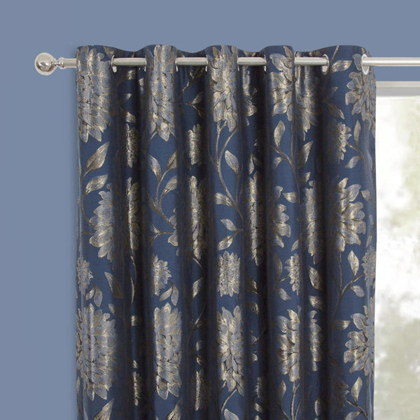 Elanie Metallic Florals Eyelet Curtains Navy - Ideal