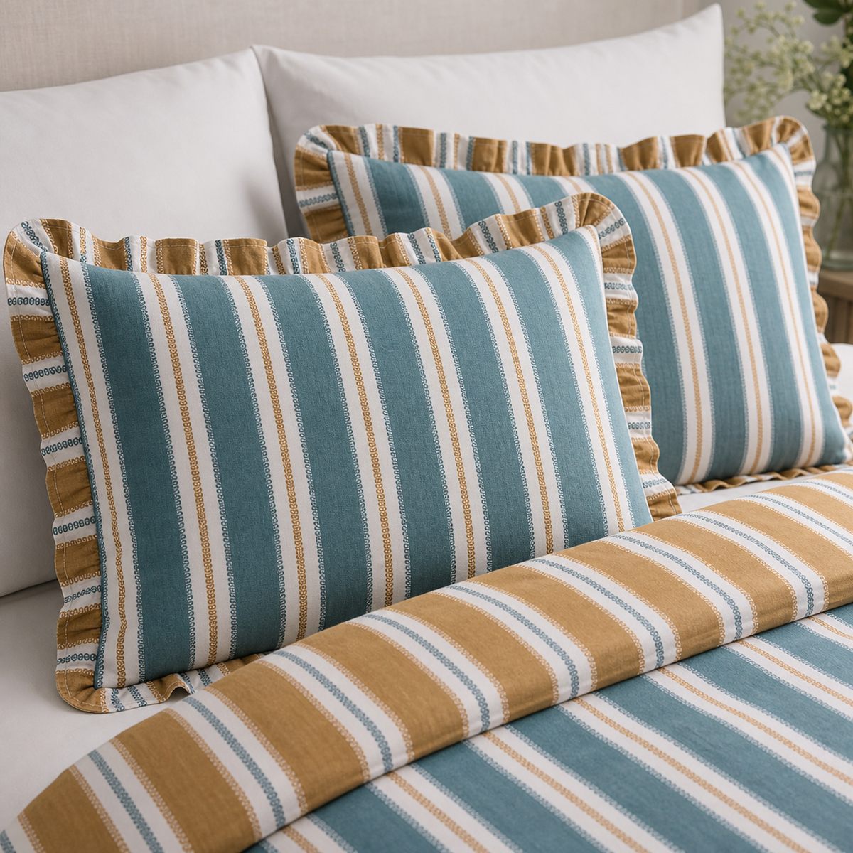 Close-up of Eloise Stripe Cotton Duvet Cover Set in teal pillowcases showing the print and fabric detail