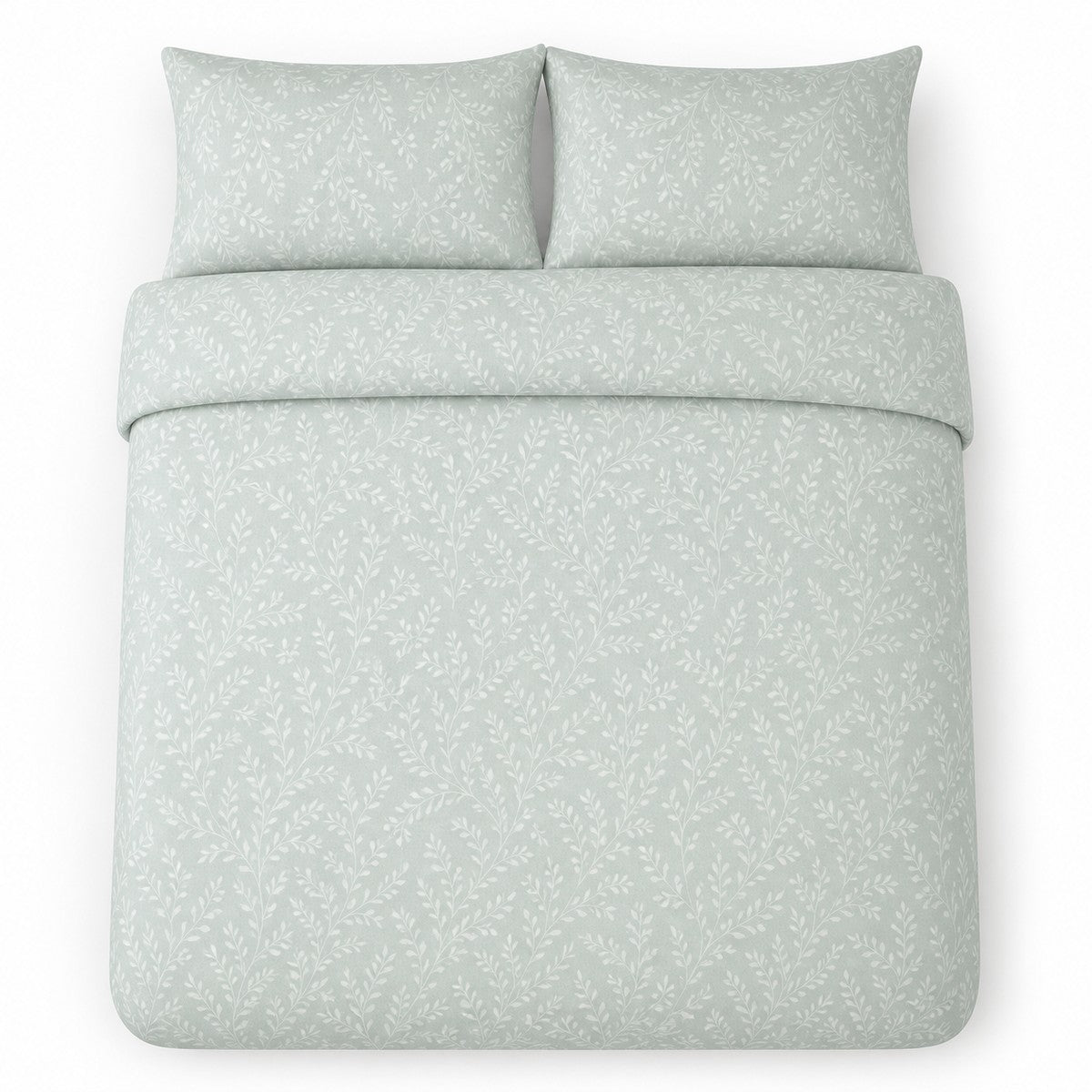 Overhead flat lay of the Emile Microfibre Duvet Cover Set in green with two matching pillowcases