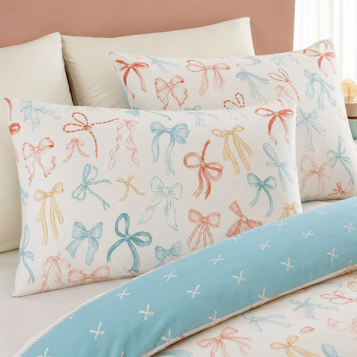 Close-up of Evelyn Polycotton Duvet Cover Set in multi pillowcases showing the print and fabric detail