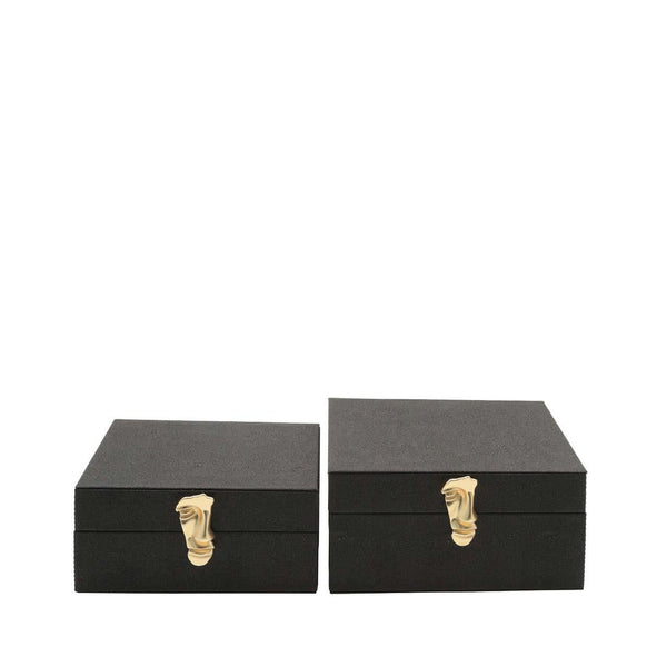 Set of 2 Matte Black Faux Litchi Jewellery Boxes with Gold Handle - 12.5cm