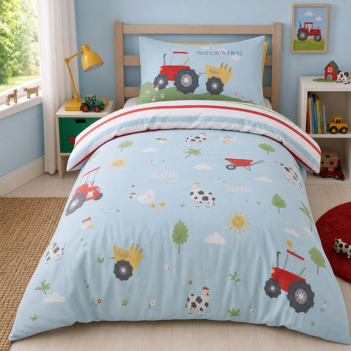 FarmFriends Kids Animals Duvet Cover Set styled on a bed in a coordinated bedroom lifestyle scene