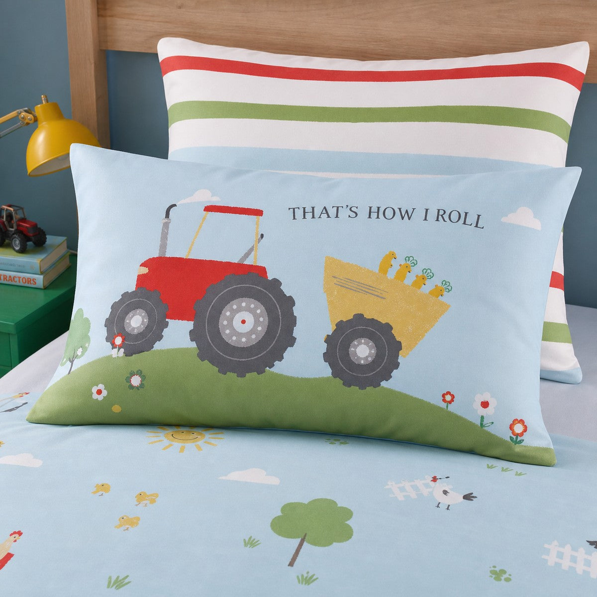 Close-up of matching FarmFriends Kids Animals Duvet Cover Set pillowcases showing the pattern and fabric detail