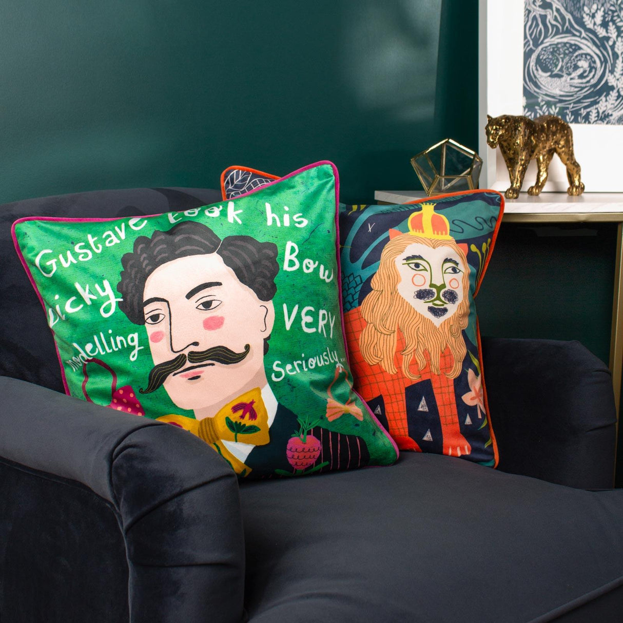 Gustave Illustrated Velvet Cushion Cover 17" x 17" by Kate Merritt 2