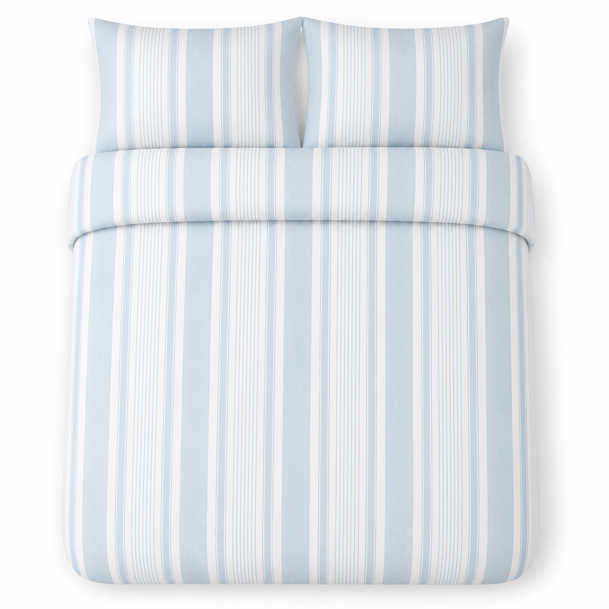 Overhead flat lay of the Finlay Stripe Polycotton Duvet Cover Set in blue with two matching pillowcases