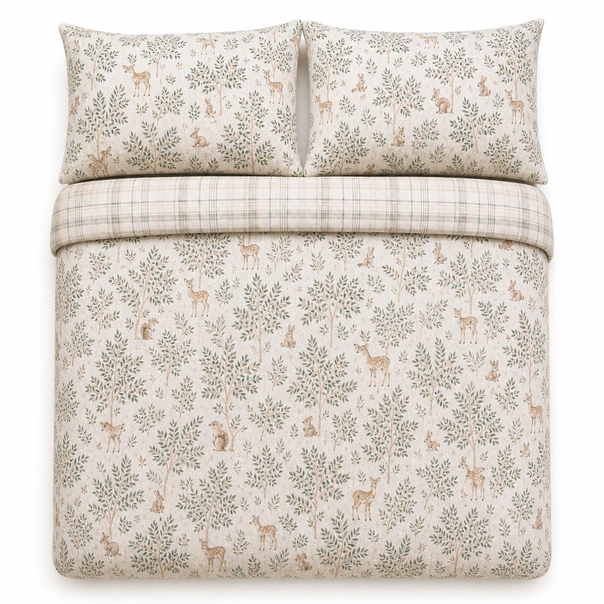 Overhead flat lay of the Forest Animals Flannelette Brushed Cotton Duvet Cover Set with two matching pillowcases
