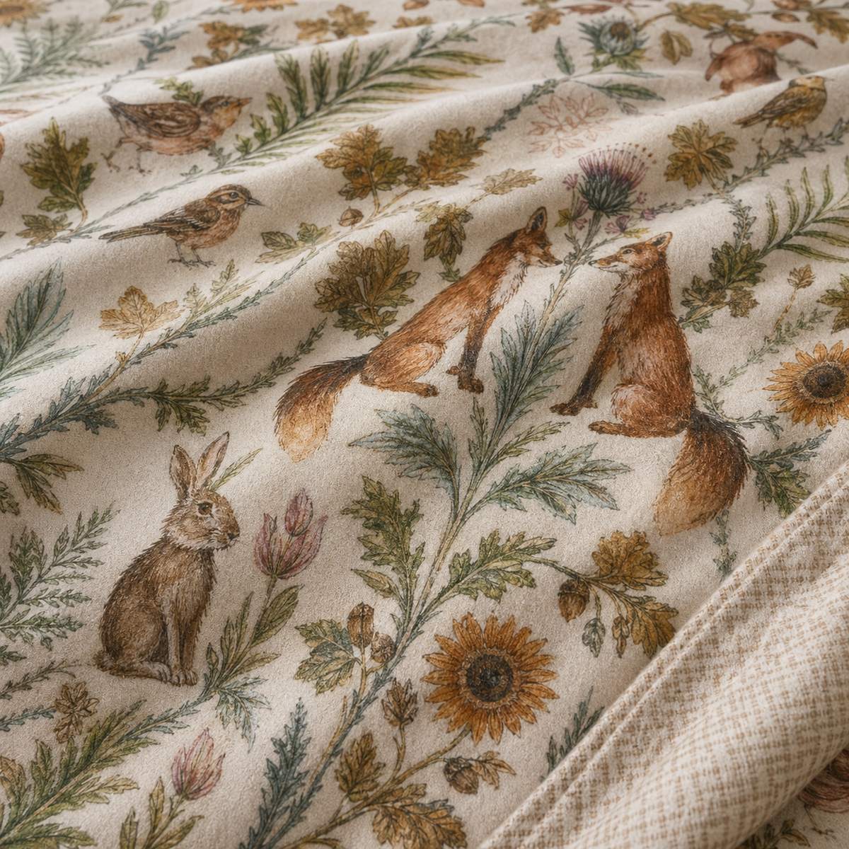 Macro close-up of Foxdale brushed flannelette fabric with woodland animals and botanical motifs