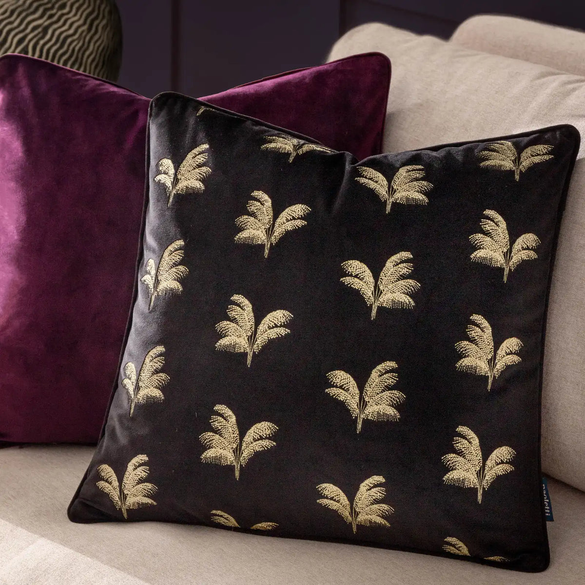 Gilded Palms Velvet Black Cushion Cover or Filled Cushion 45cm x 45cm - additional product view 1