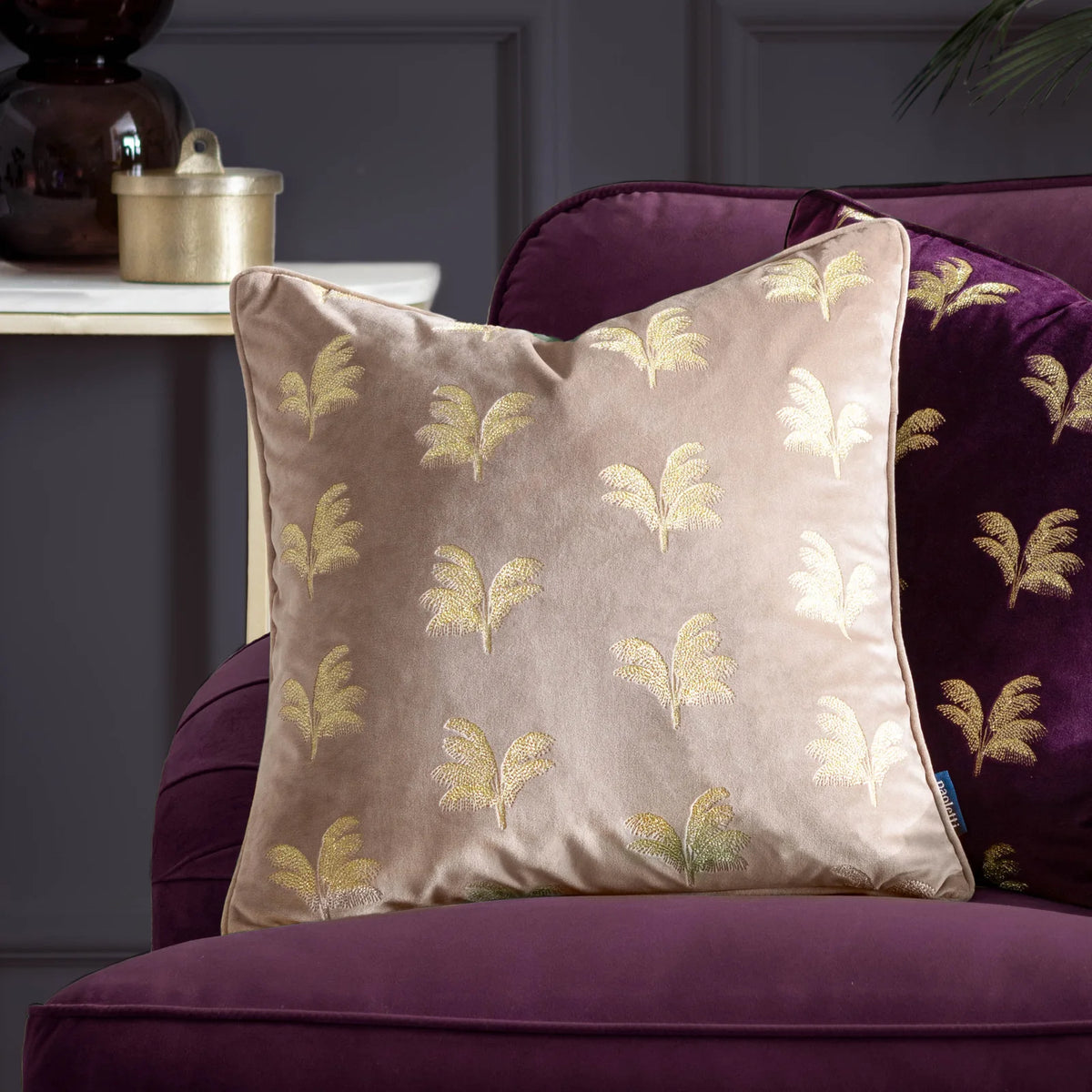 Gilded Palms Velvet Mink Cushion Cover or Filled Cushion 45cm x 45cm - additional product view 1