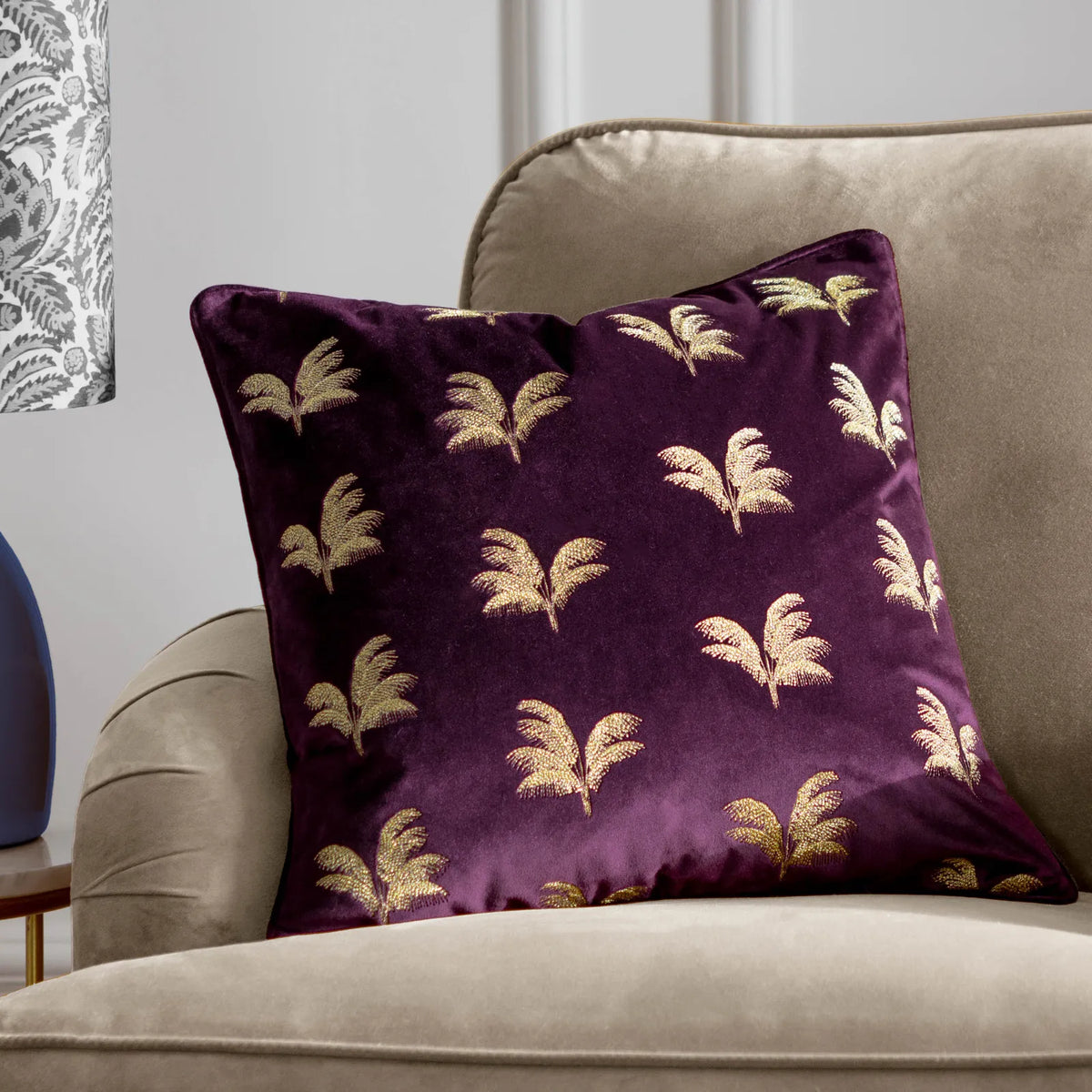Gilded Palms Velvet Plum Cushion Cover or Filled Cushion 45cm x 45cm - additional product view 1
