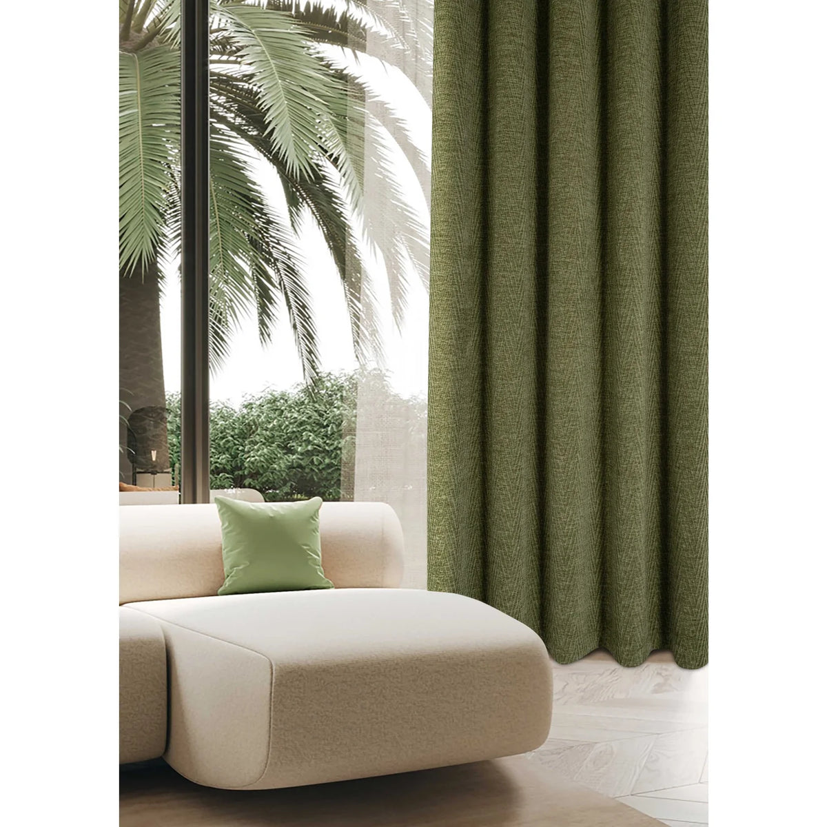 Langley Olive Herringbone Thermal Eyelet Curtains