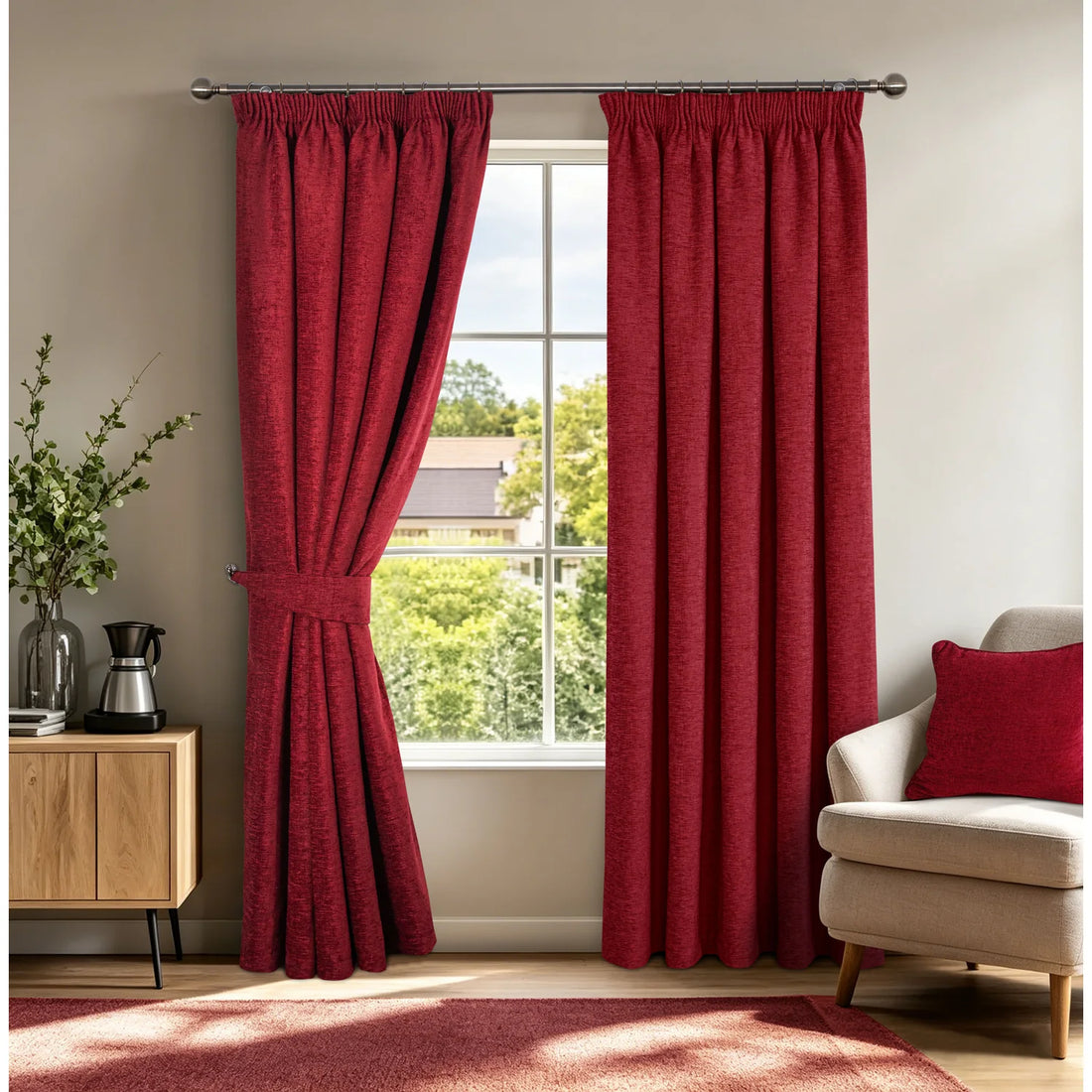 Washington Wine Chenille Thermal Pencil Pleat Curtains
