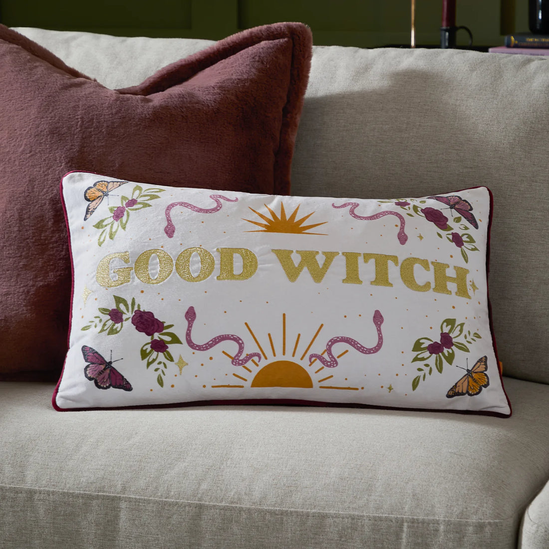 Good Witch Embroidered Velvet Cushion Cover Angel White 30 x 50cm