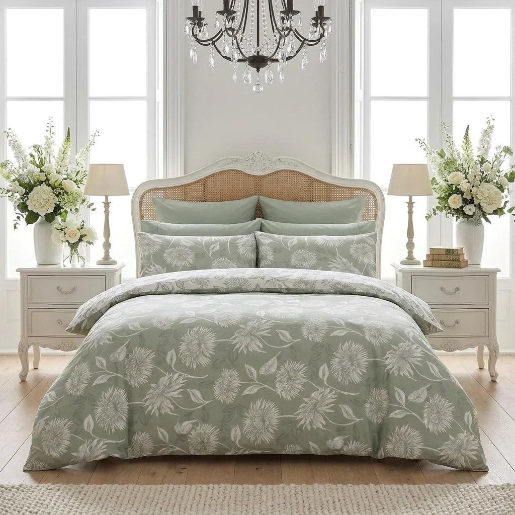 Chrysanthemum Floral Duvet Cover Set - Green