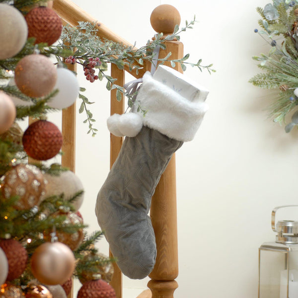 Grey Embossed Star Christmas Stocking - Ideal