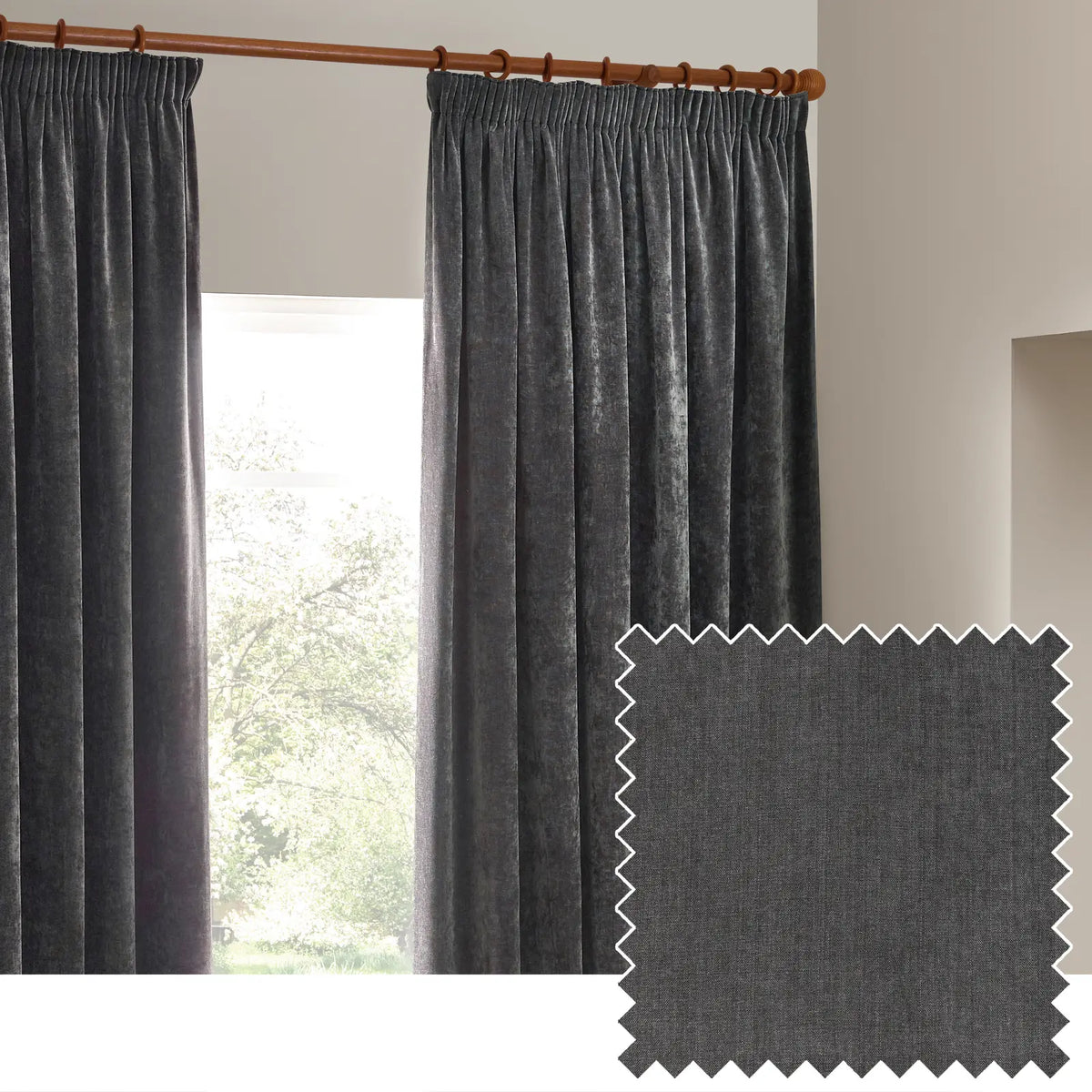 Heavy Lined Charcoal Velvet Chenille Pencil Pleat Curtains - additional product view 1