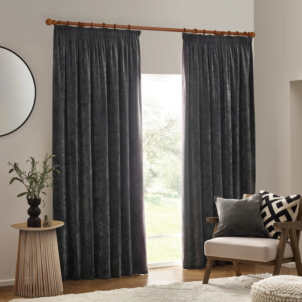 Heavy Lined Charcoal Velvet Chenille Pencil Pleat Curtains - additional product view 2