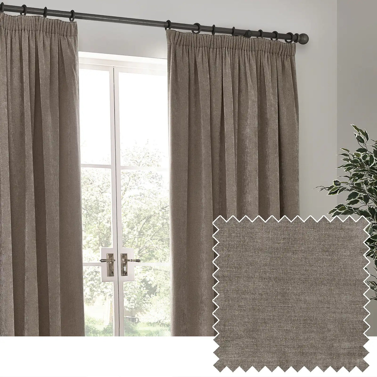 Heavy Lined Greige Velvet Chenille Pencil Pleat Curtains - additional product view 1