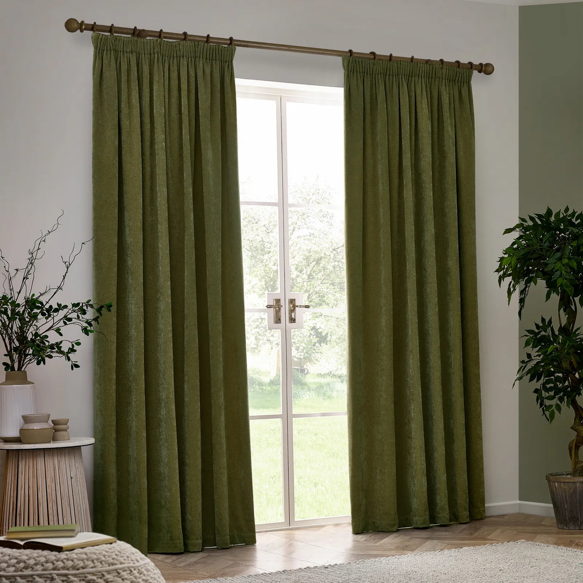 Heavy Lined Olive Velvet Chenille Pencil Pleat Curtains - additional product view 5