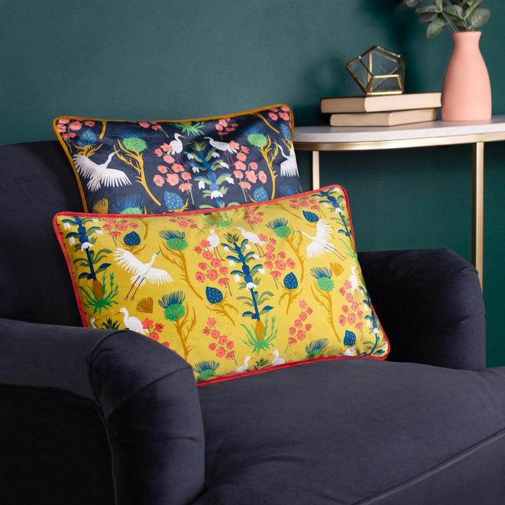 Herons Illustrated Velvet Cushion Ochre - Ideal