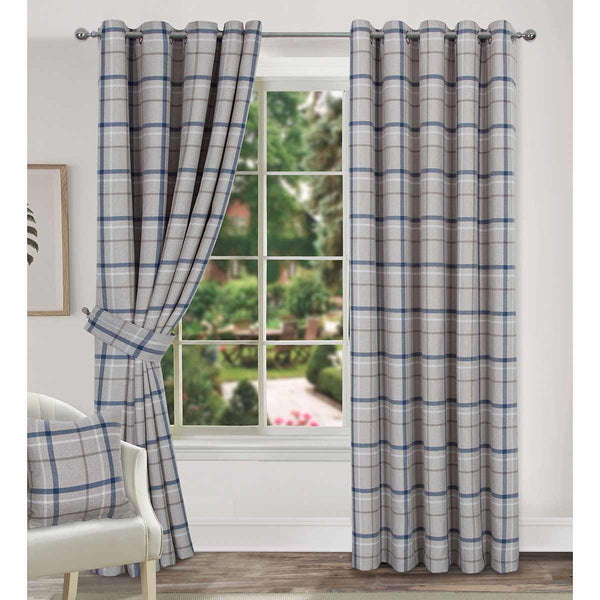 Hudson Woven Check Eyelet Curtain 65x90" (165x229cm) Blue - Ideal