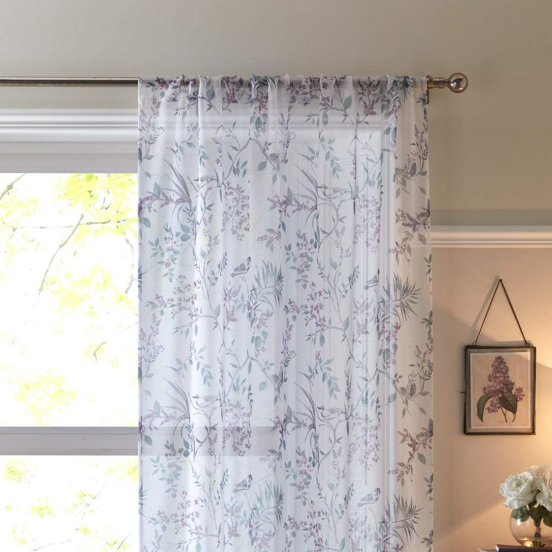 Jazmine Beige Floral Voile Curtains Panel Heavyweight