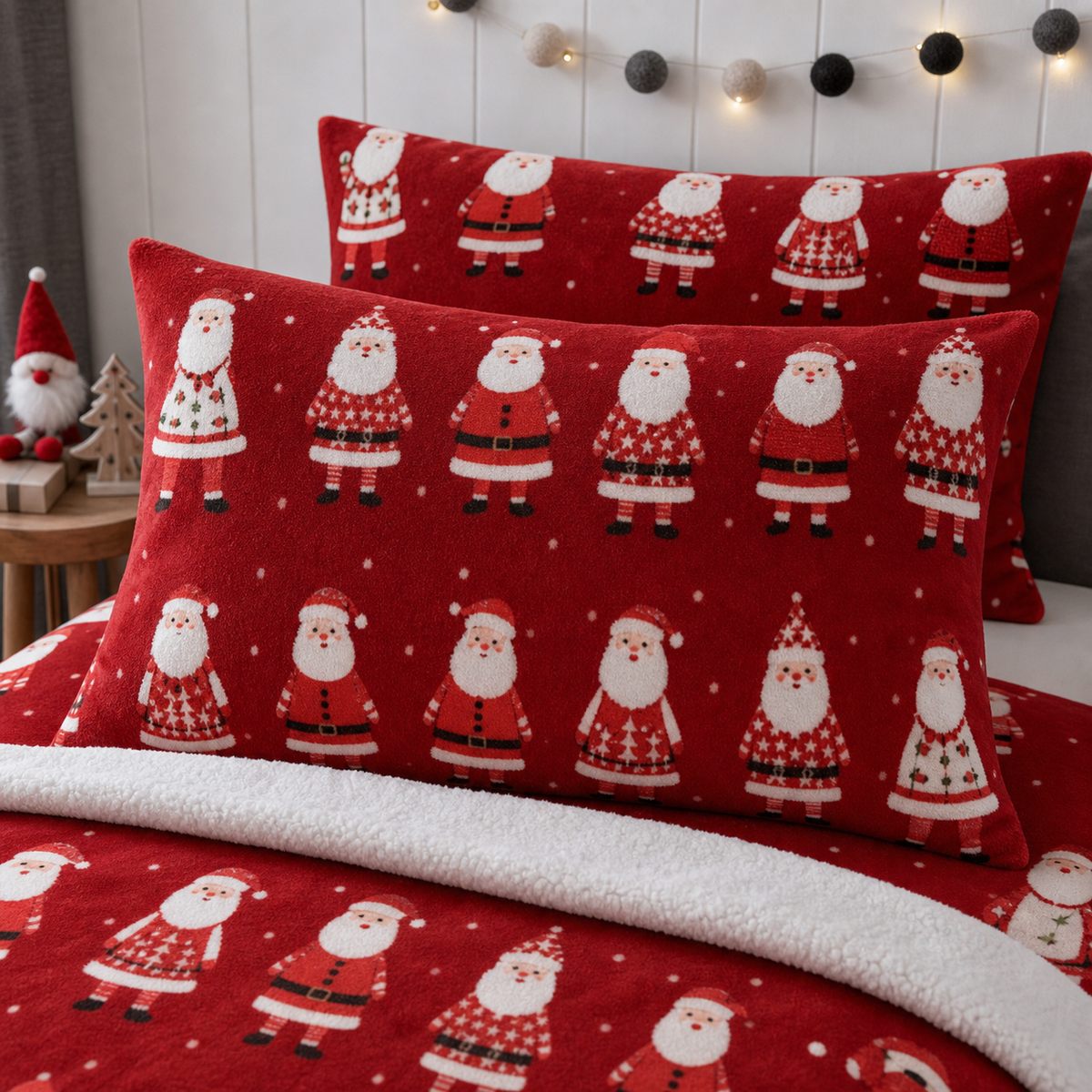 Close-up of matching Jolly Santa Christmas Microfibre Duvet Cover Set pillowcases showing the pattern and fabric detail