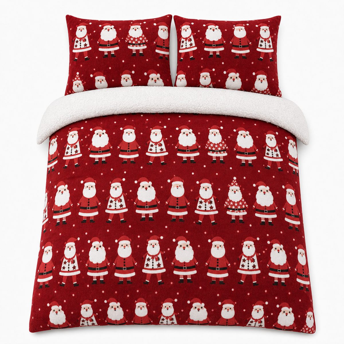 Overhead flat lay of the Jolly Santa Christmas Microfibre Duvet Cover Set with two matching pillowcases