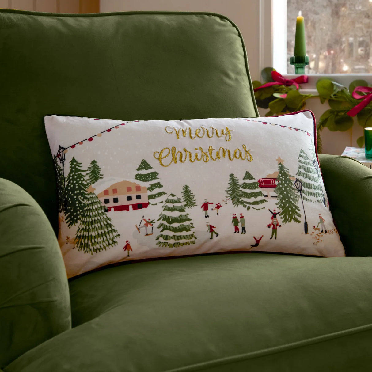 Joy To All Embroidered Velvet Cushion Cover Snow/Berry 30 x 50cm - image 1