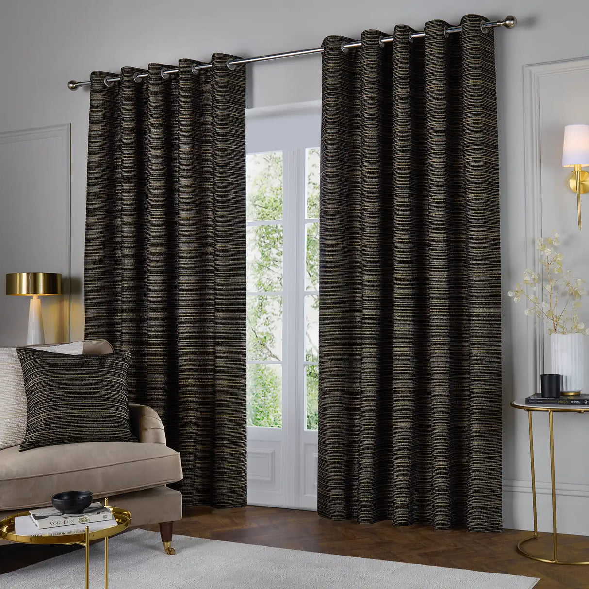 Jupiter Fully Lined Chenille Jacquard Eyelet Curtains Black/Gold - image 3
