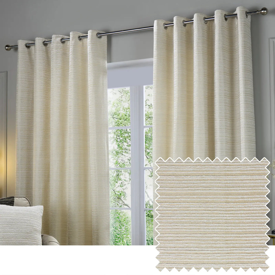 Jupiter Fully Lined Chenille Jacquard Eyelet Curtains Ivory/Gold