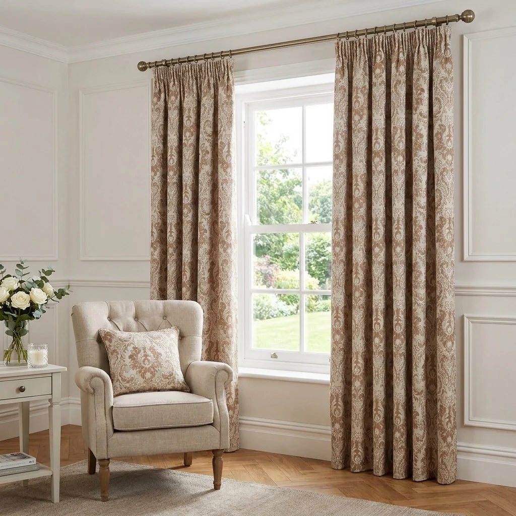 Tegola Latte Pencil Pleat Curtains Jacquard