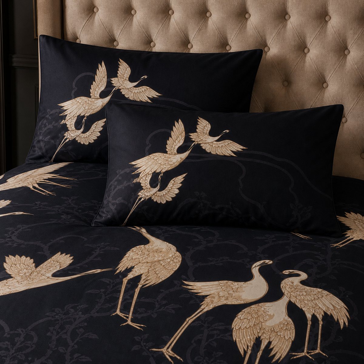 Close-up of matching Laurence Llewelyn-Bowen Kireina Cotton Duvet Cover Set pillowcases showing the pattern and fabric detail
