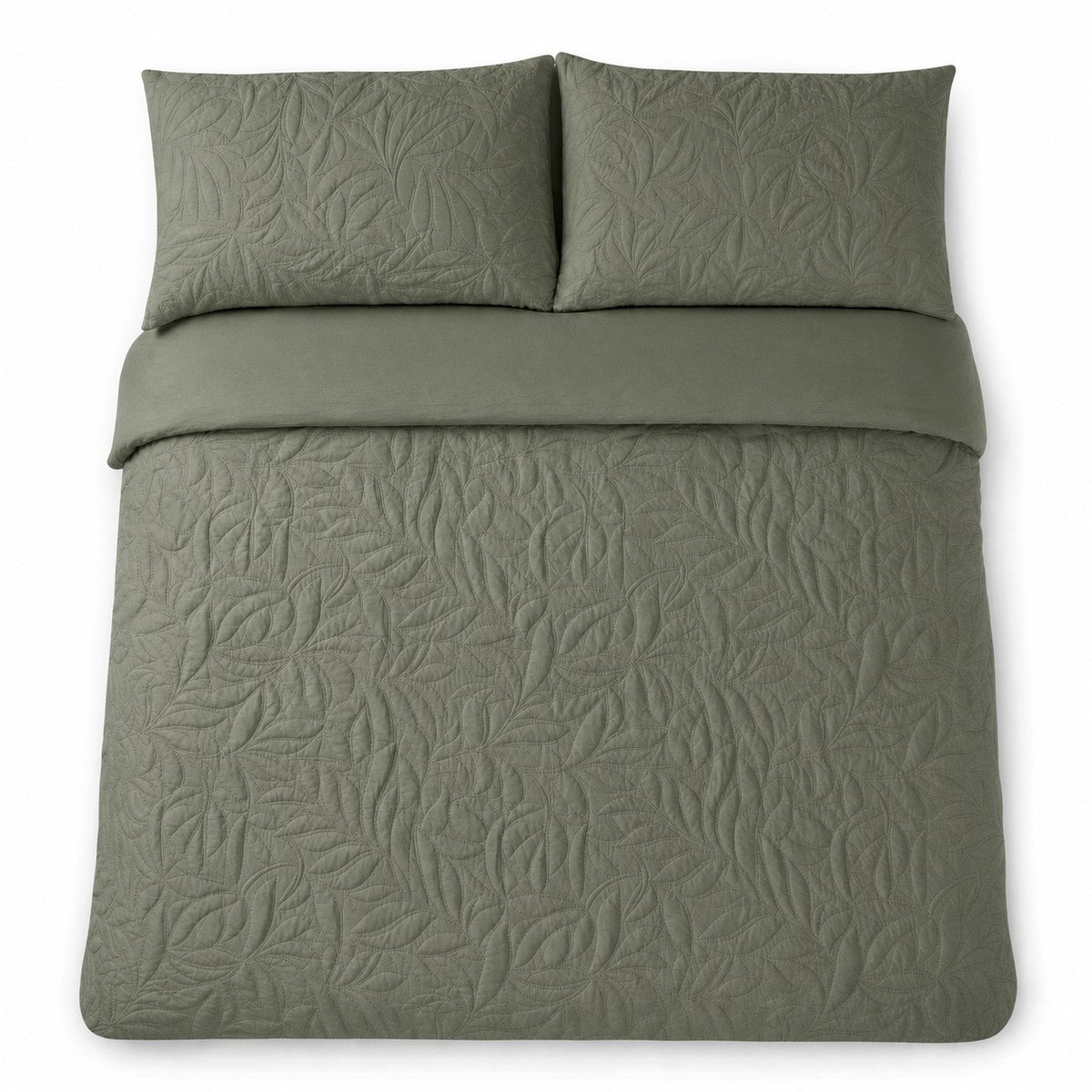 Overhead flat lay of the Luana Dark Green duvet cover set with two matching pillowcases