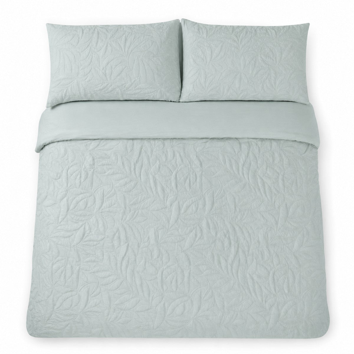 Overhead flat lay of the Luana Green duvet cover set with two matching pillowcases