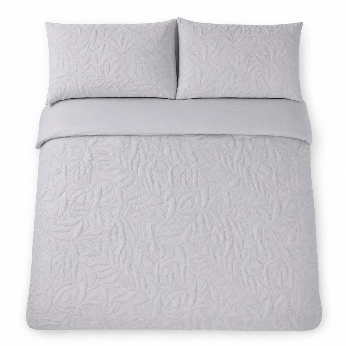 Overhead flat lay of the Luana Silver duvet cover set with two matching pillowcases
