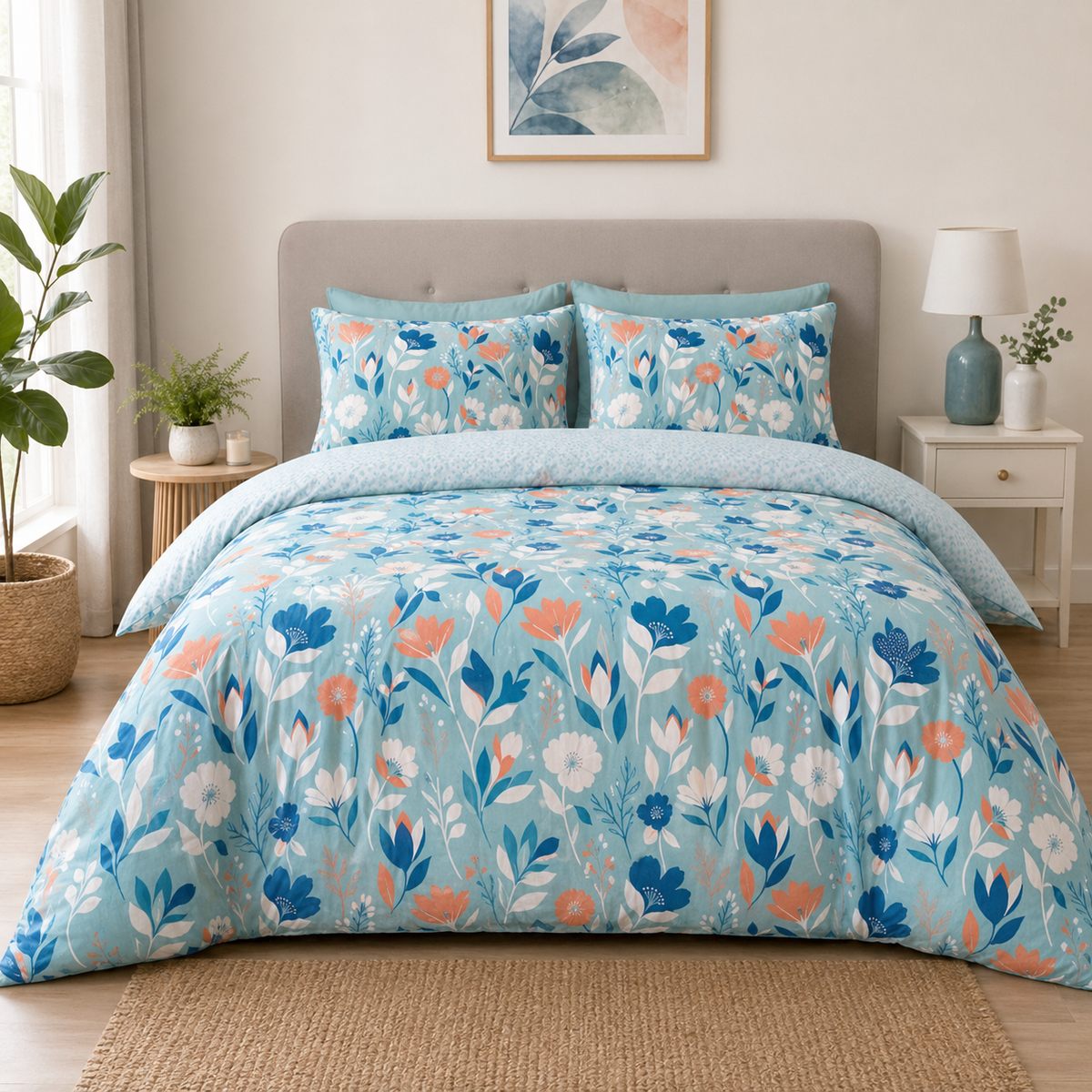 Luna duck egg blue floral reversible duvet cover set styled on a fresh modern bedroom bed