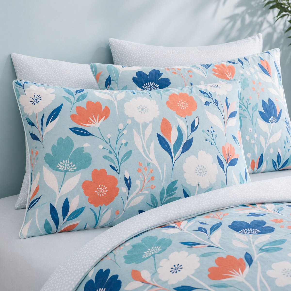 Close-up of Luna duck egg floral pillowcases showing blue coral and white flower print