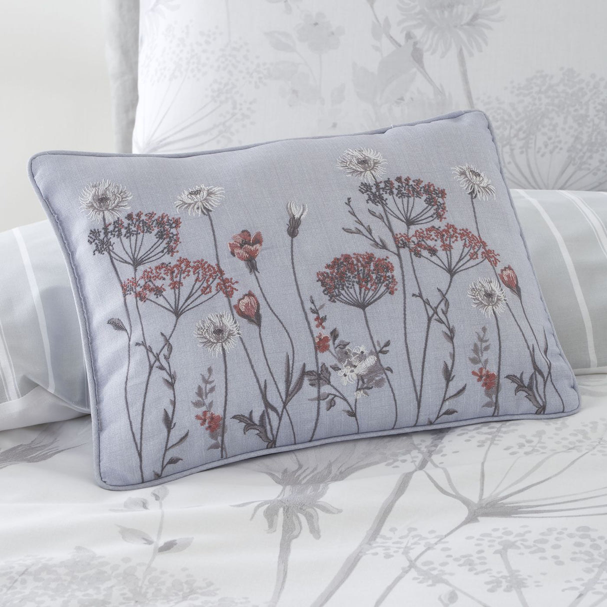 Catherine Lansfield Meadowsweet Floral Embroidered 30x40cm Cushion Grey