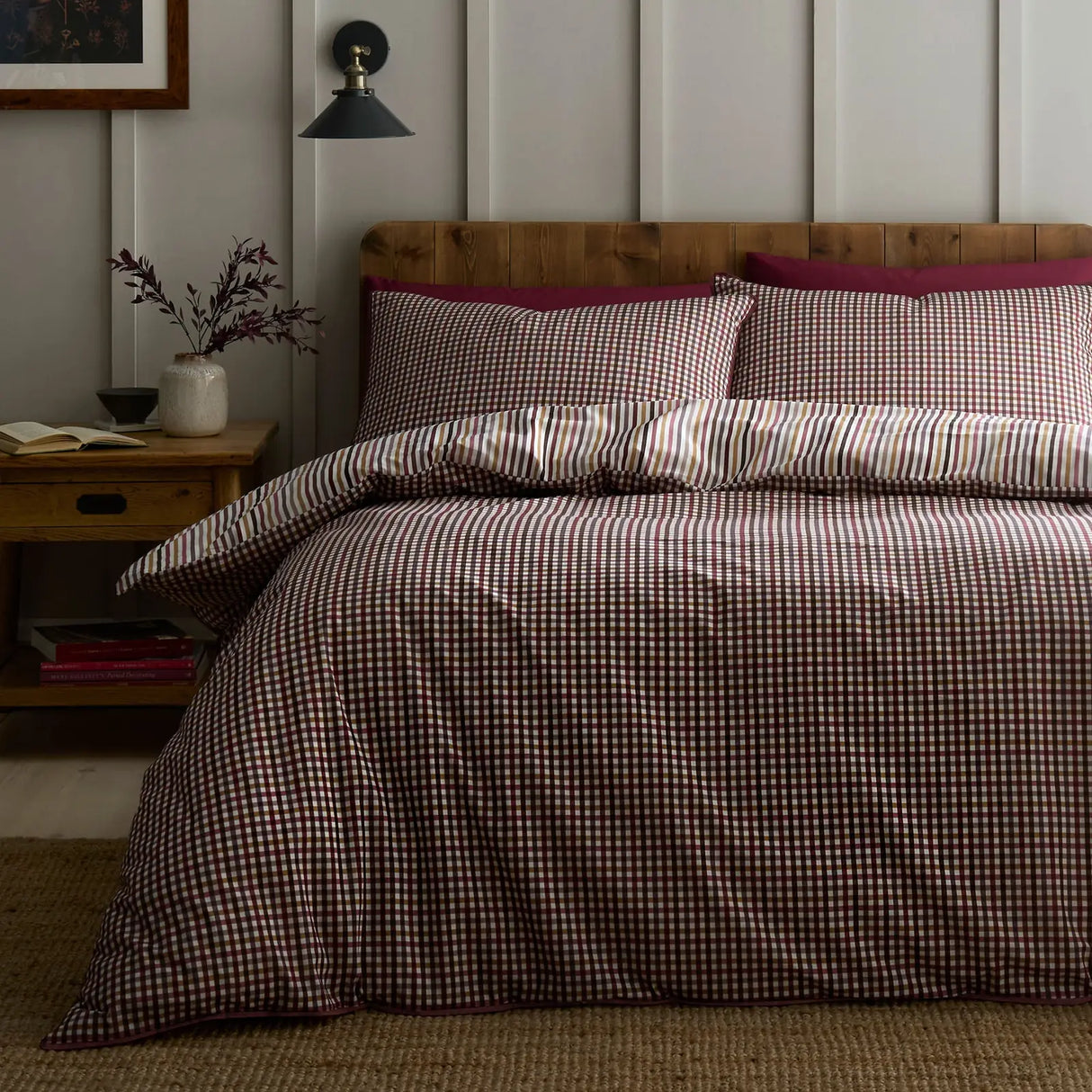 Micro Check Berry 100% Cotton Duvet Cover Set - main product image
