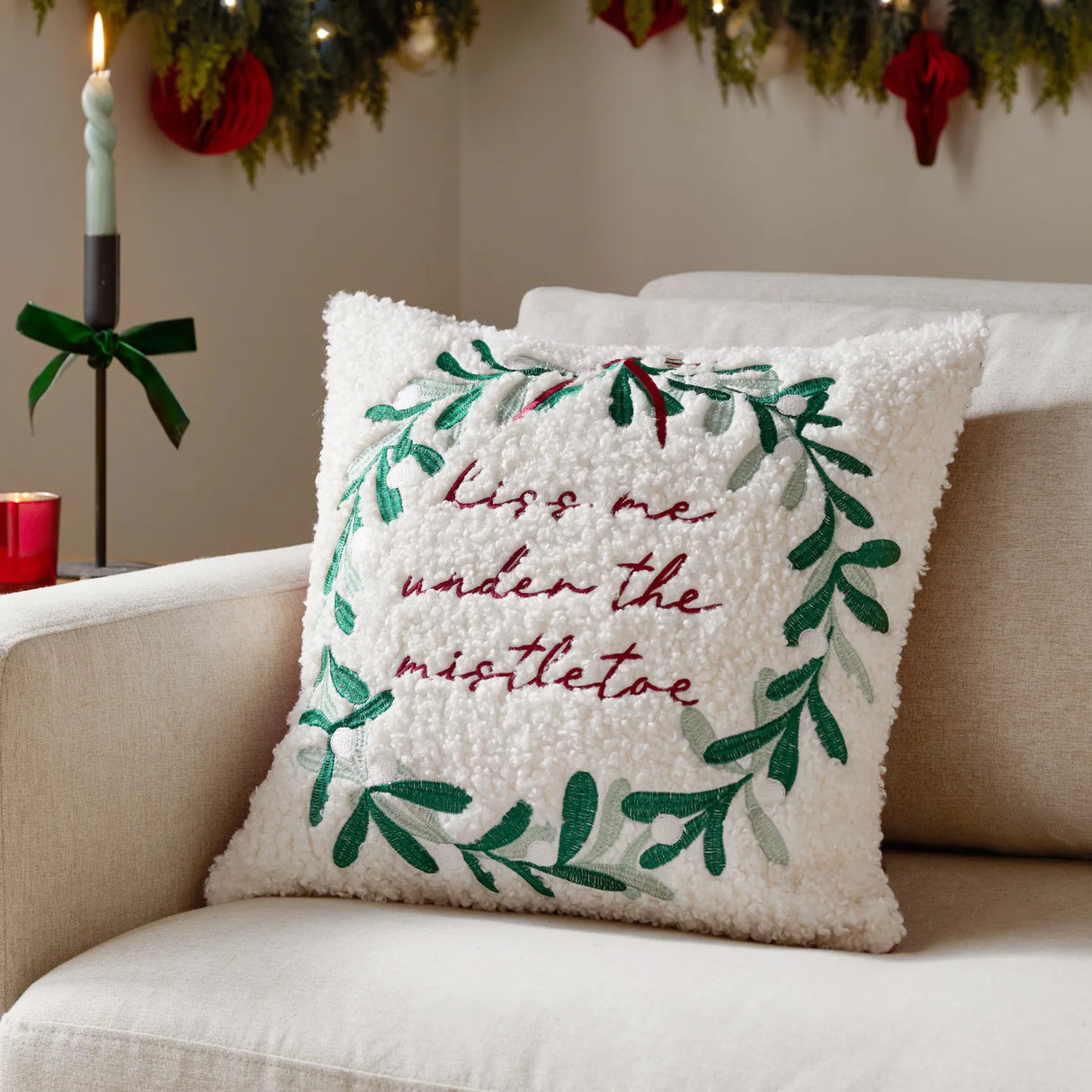 Mistletoe Wreath Embroidered Cushion Cover Multicolour 45 x 45cm - image 1